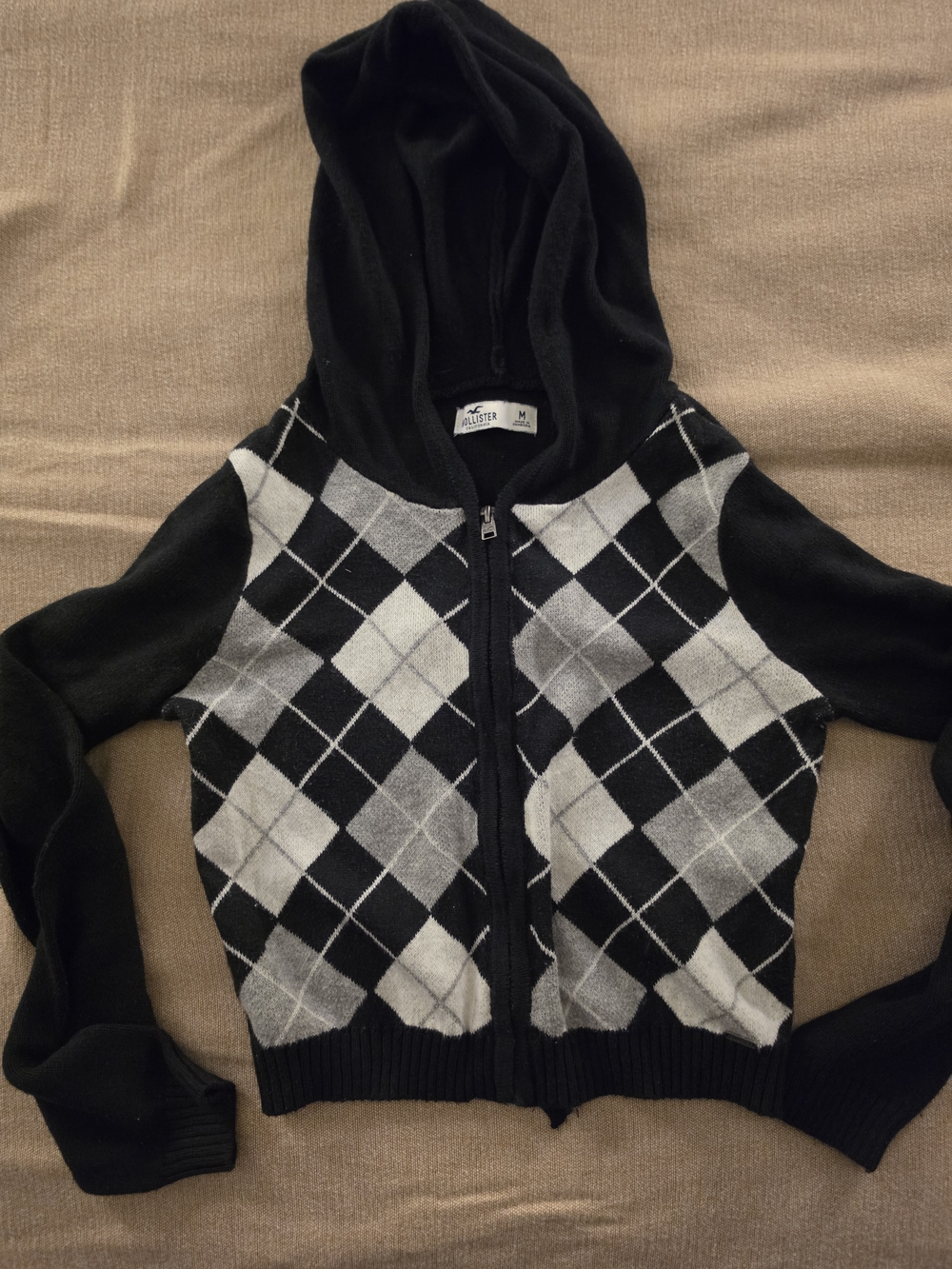 Hollister Black & Gray Argyle Zip Hoodie